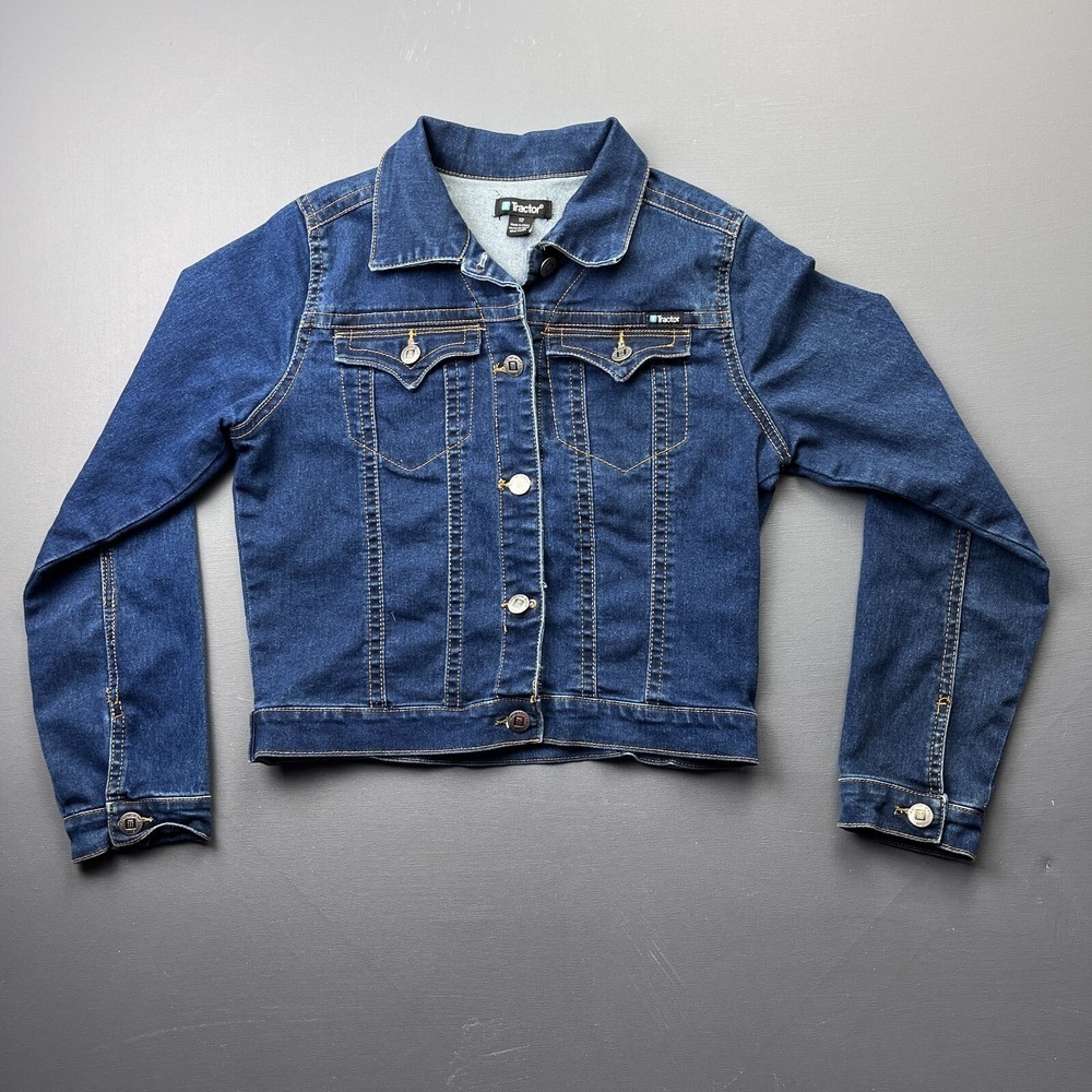 Tractor Girls 12 Blue Denim Cropped Jean Jacket Western Button Up Casual Y2K Top